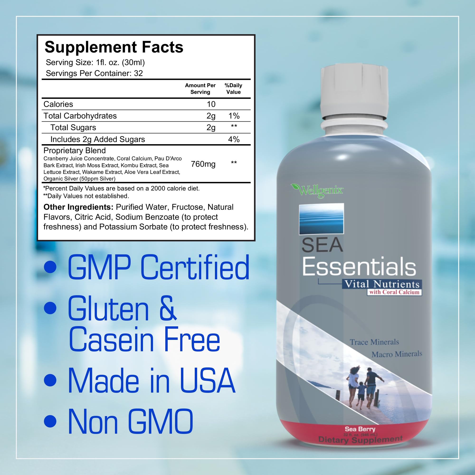 Wellgenix Sea Essentials cranberry blend graphic emphasizes coral calcium and minerals.