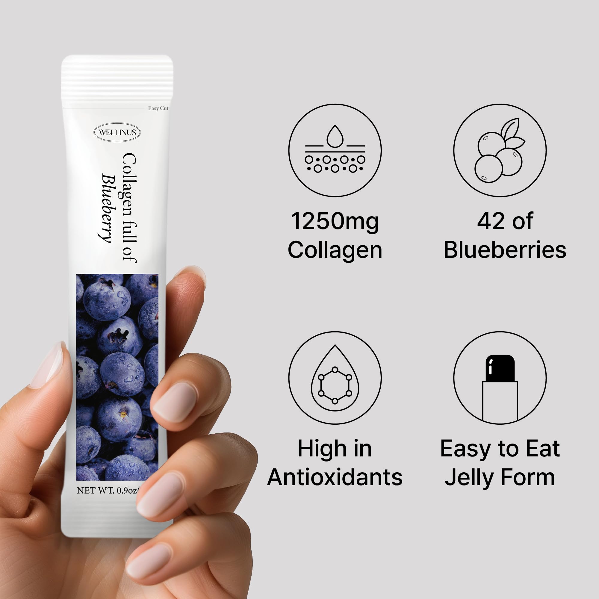 Wellinus collagen jelly blue blueberry flavor sachet sugar-free travel snack