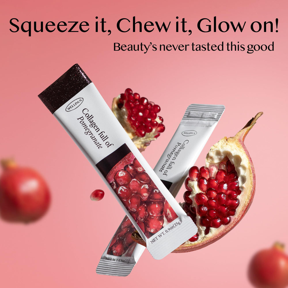 WELLINUS pack highlights marine collagen peptides and pomegranate antioxidants for a flavorful wellness boost.