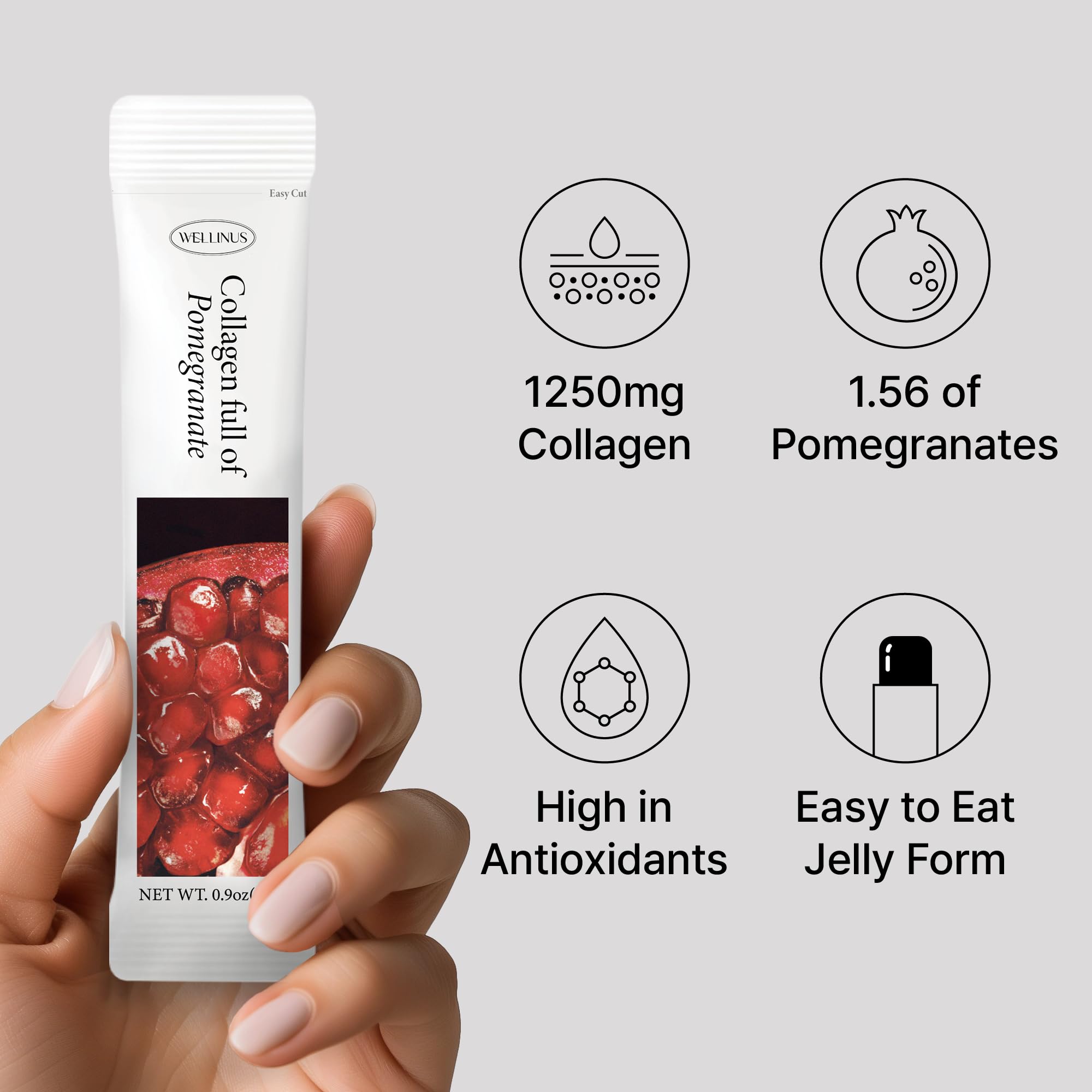 WELLINUS pomegranate jelly snack supports hydration and a smooth complexion as part of your daily ritual.