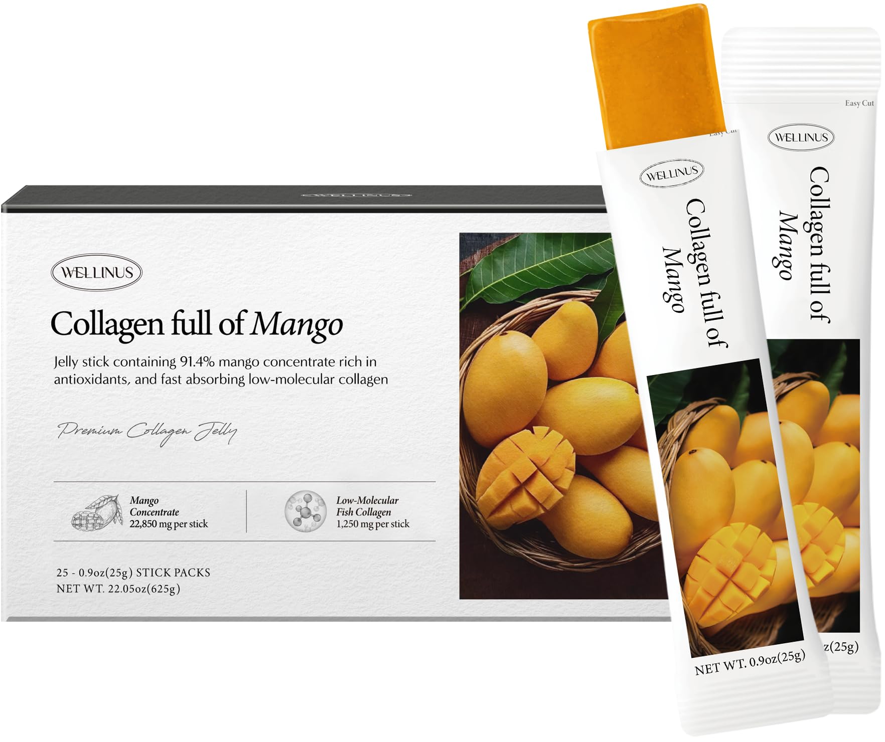 WELLINUS Korean Collagen Jelly Sticks mango box on shelf supports radiant skin and hydration