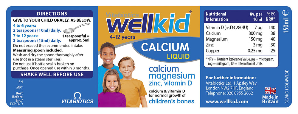 Wellkid Calcium Liquid bottle on table with label visible.