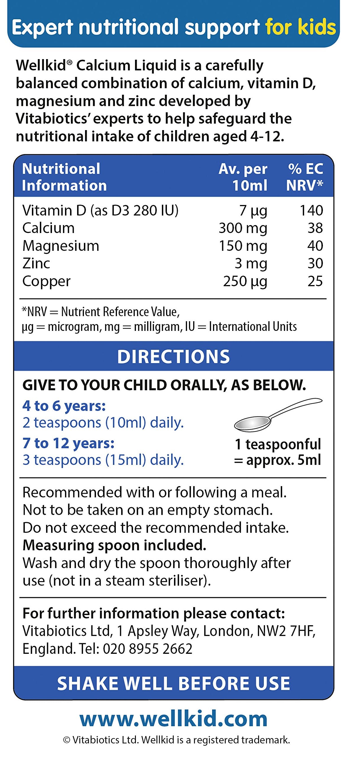 Wellkid Calcium Liquid ingredient list highlighting calcium, magnesium, zinc and vitamin D.