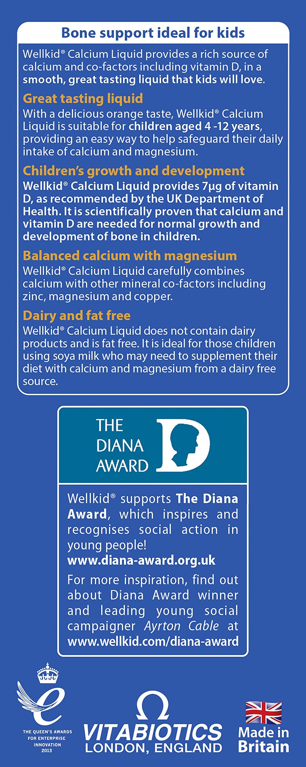 Wellkid Calcium Liquid label closeup showcasing vitamin D and minerals.
