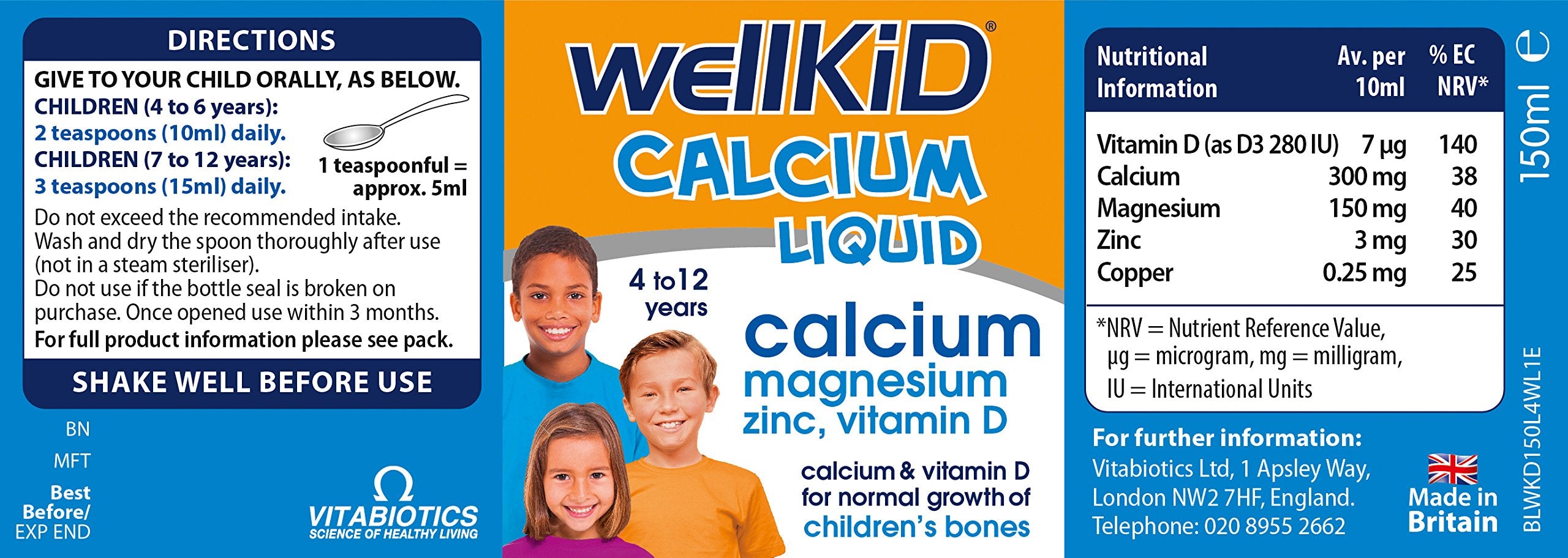 Wellkid Calcium Liquid vitamin D content label highlights nutritional support.