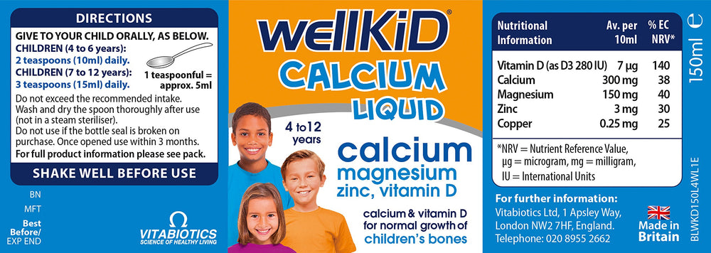 Wellkid Calcium Liquid vitamin D content label highlights nutritional support.