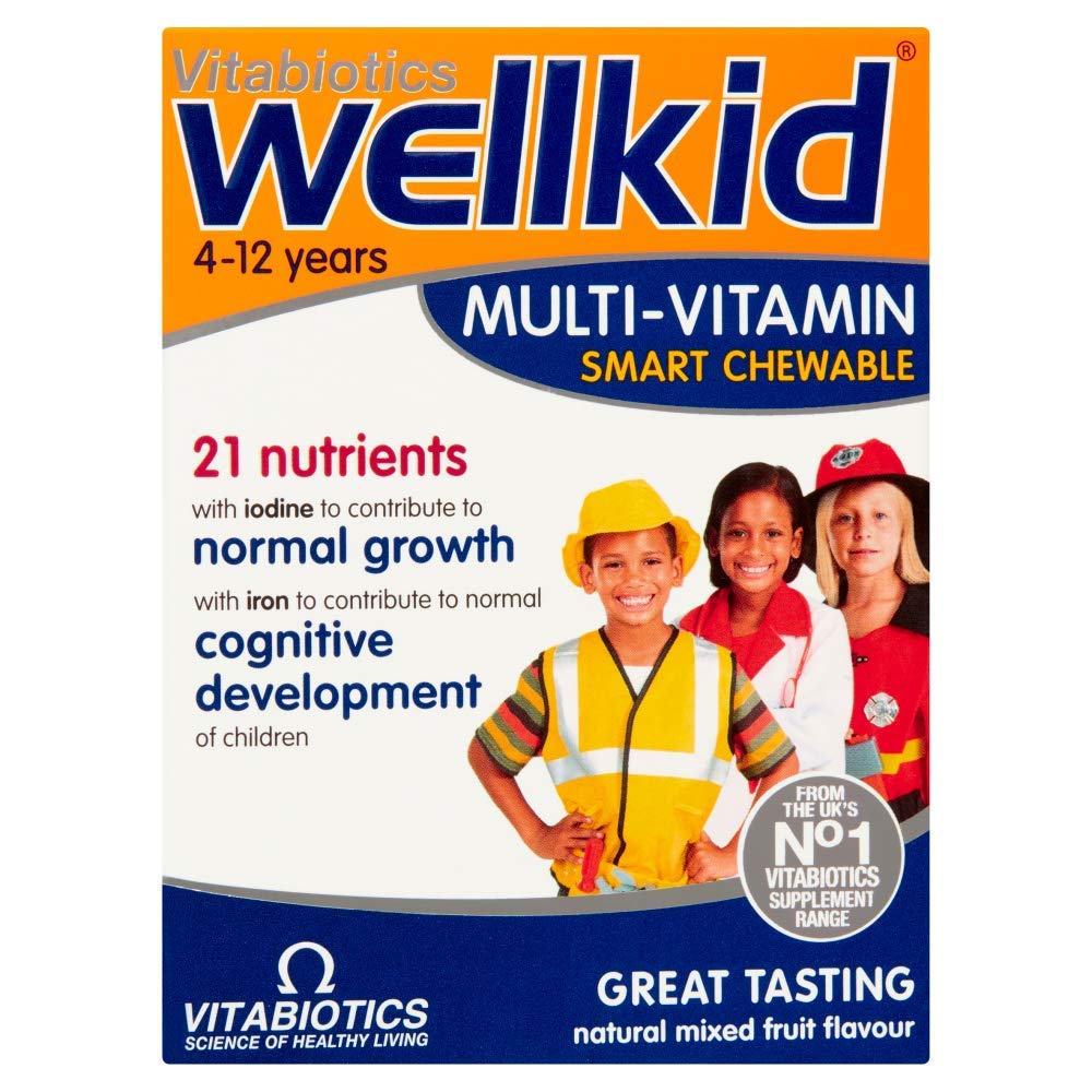 Wellkid chewable tablets bottle shows family-friendly packaging for daily nutrition.