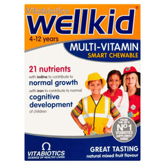 Wellkid chewable tablets bottle shows family-friendly packaging for daily nutrition.