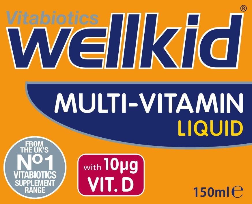 Wellkid Multi-Vitamin Liquid in a glass illustrating daily intake