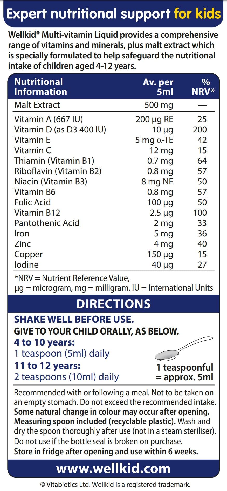 Wellkid Multi-Vitamin Liquid label close-up highlighting no artificial additives