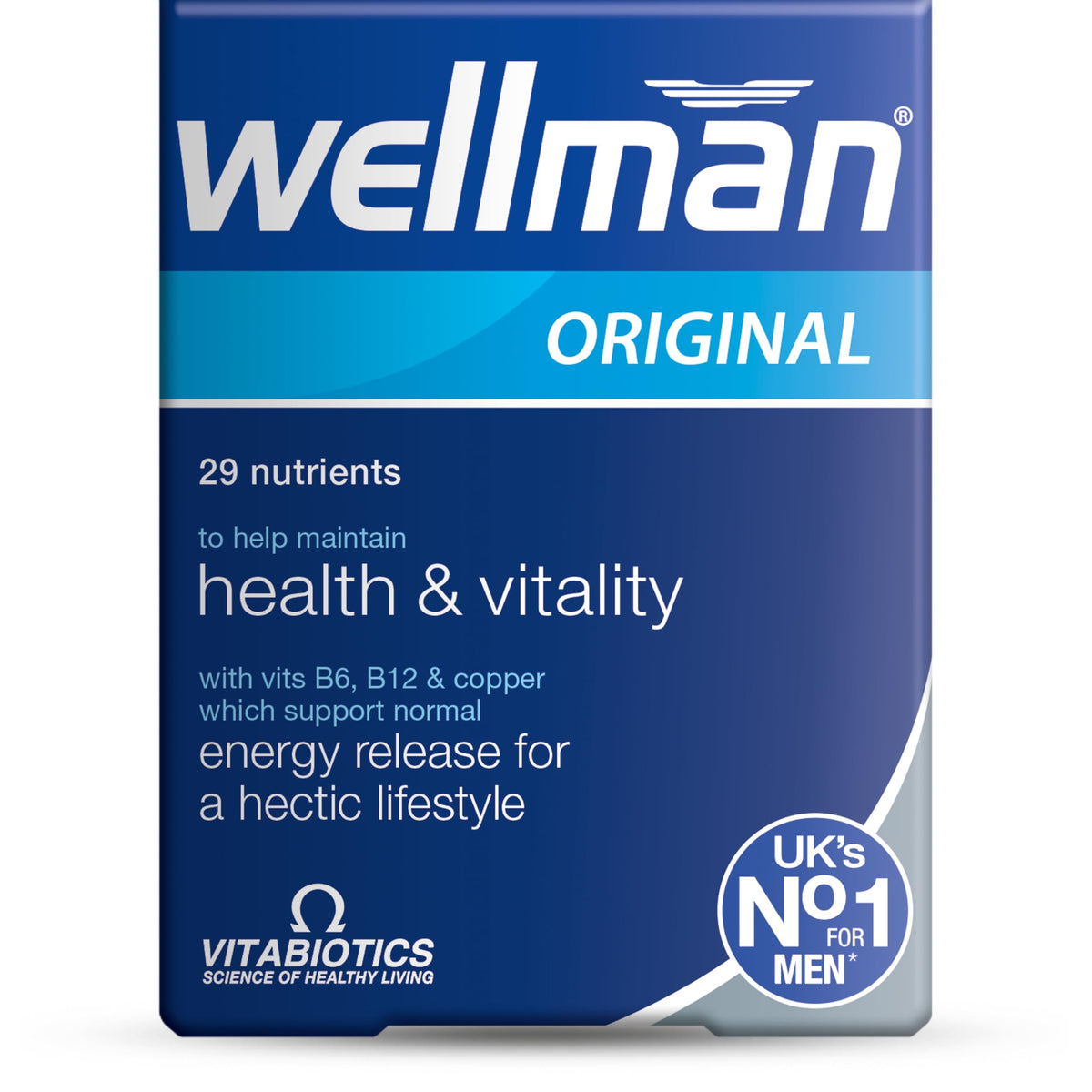 Wellman 30 tablets pack shot showing daily men's vitamin and mineral support