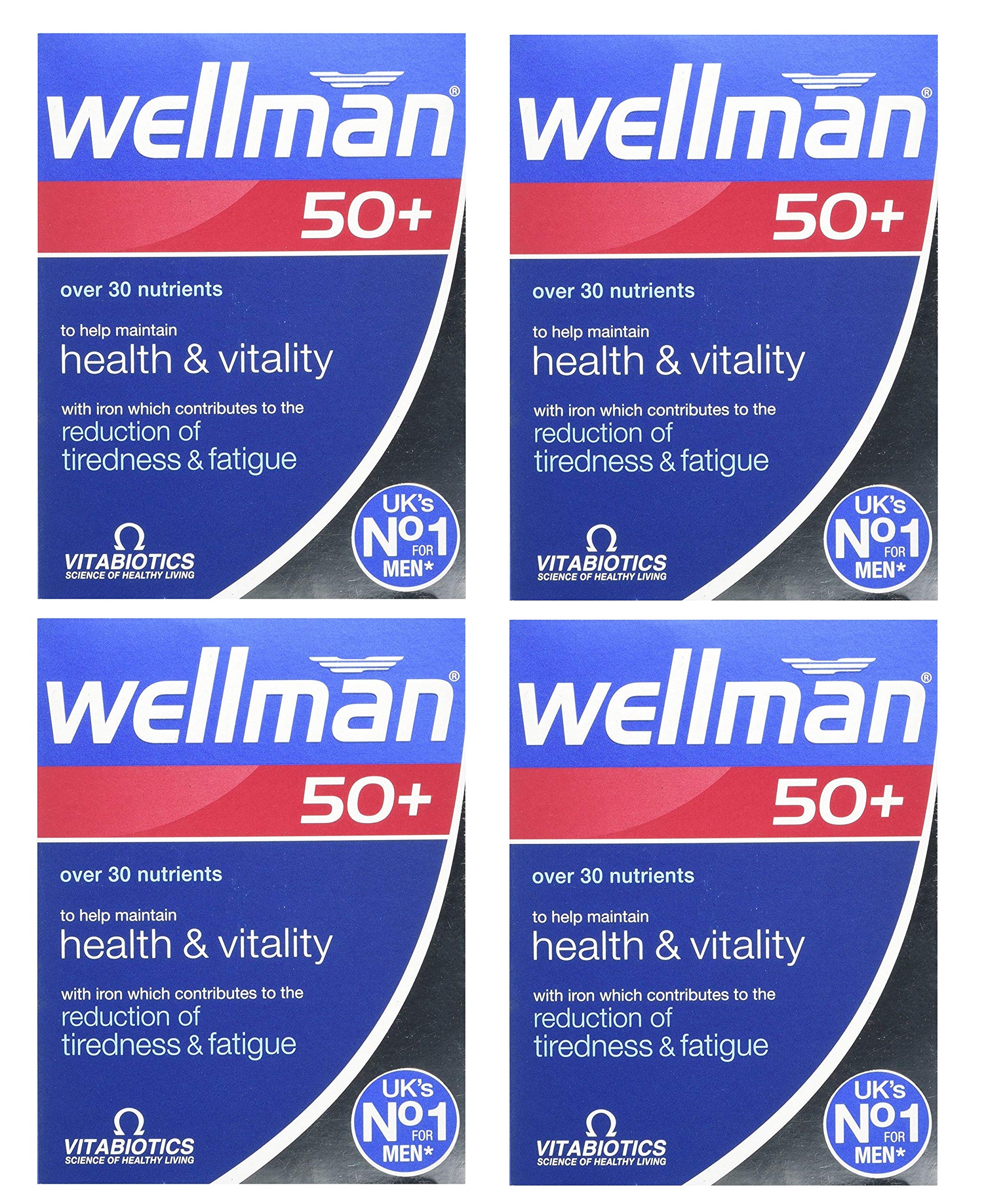 Wellman 50+ four-pack with 30 tablets for daily nutritional support.