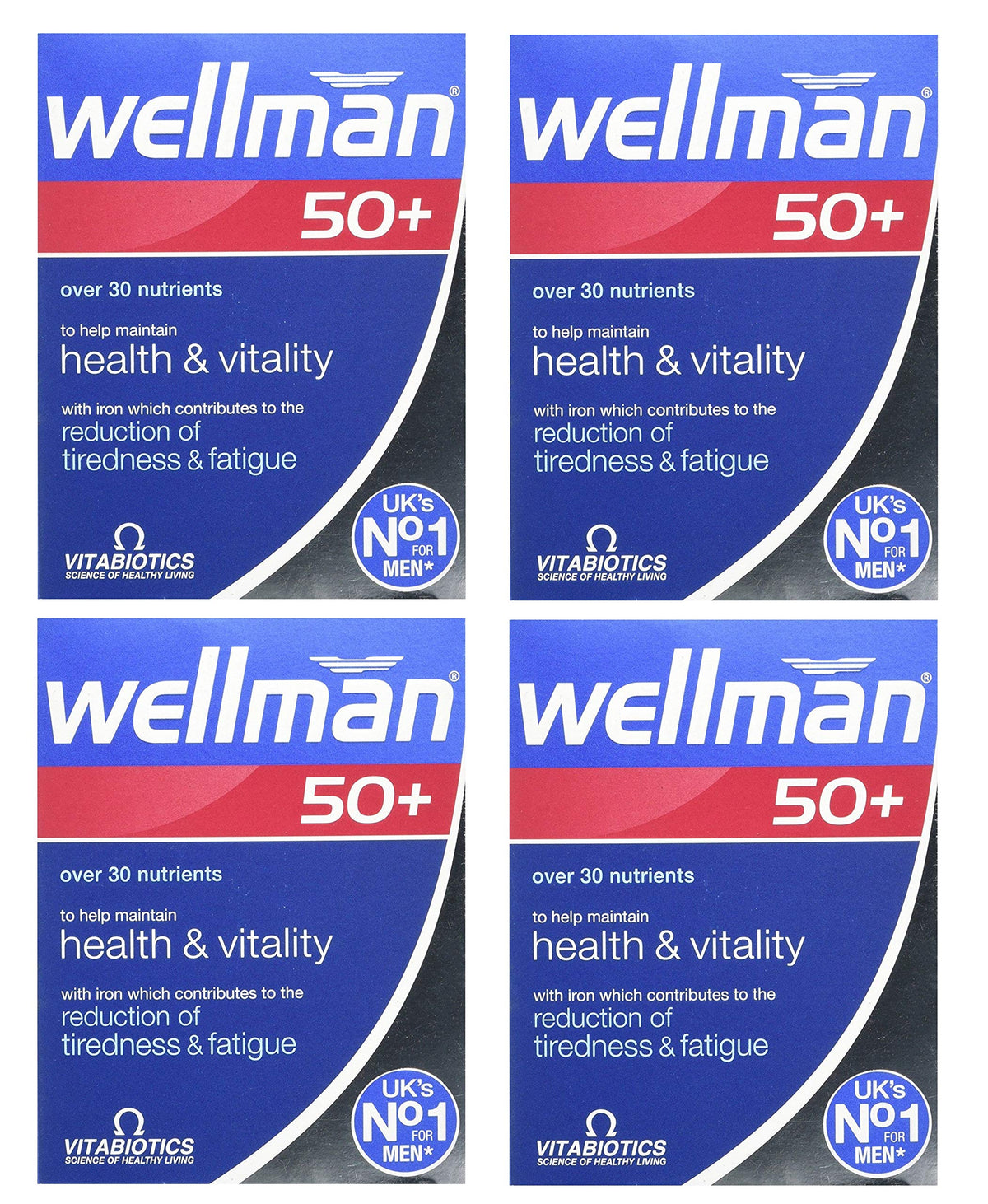 Wellman 50+ four-pack with 30 tablets for daily nutritional support.