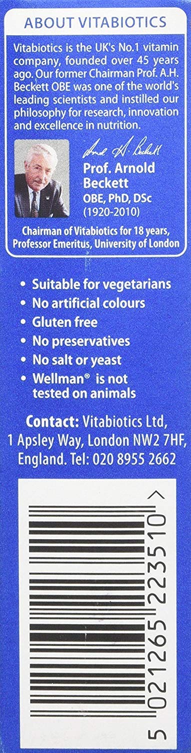 Wellman 50+ ingredients panel highlighting comprehensive micronutrients for energy and immune support.