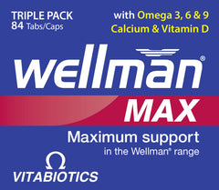 Wellman Max calcium and vitamin D tablets close-up for daily mineral intake.