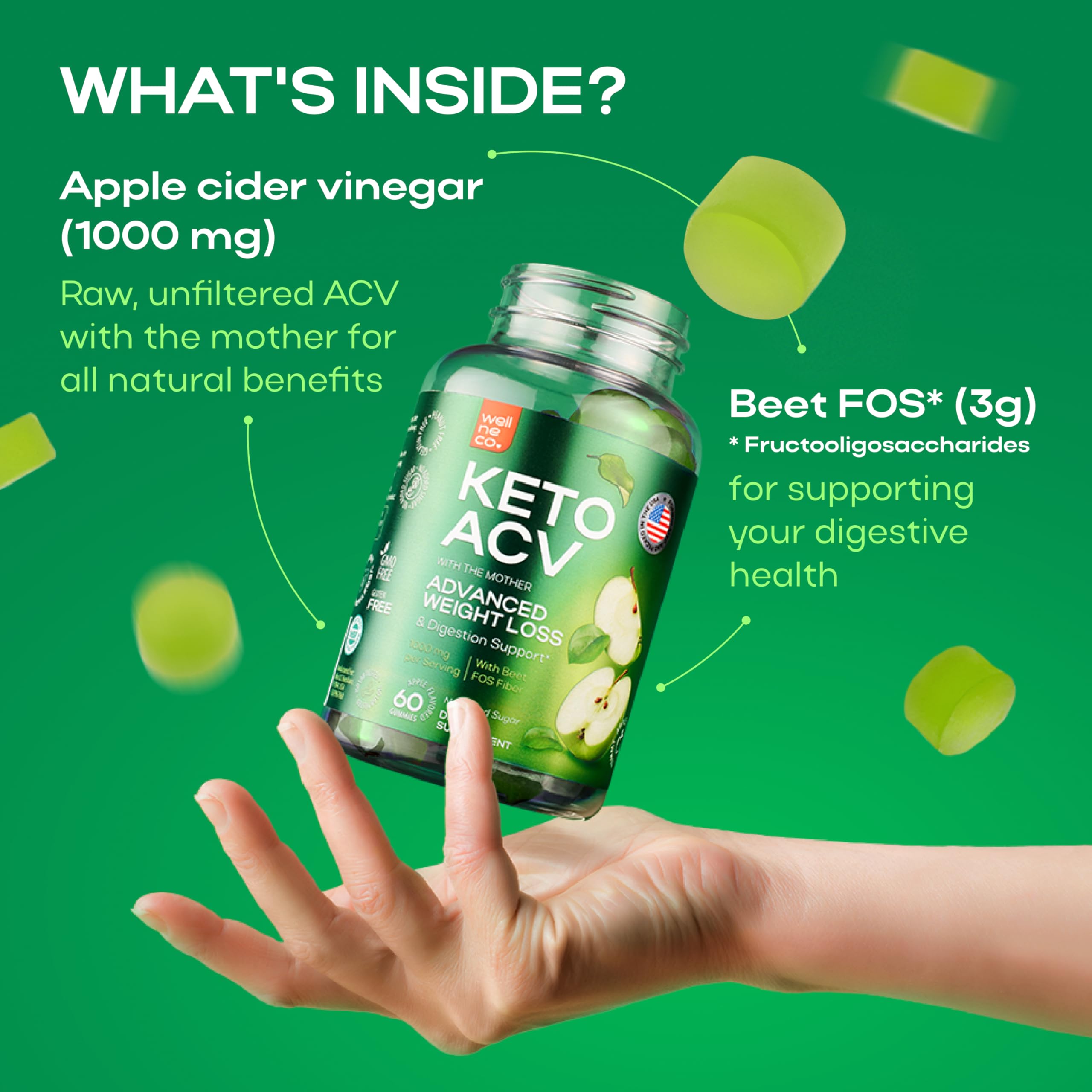 Wellneco Gummies ingredients panel featuring Beet FOS for digestive balance.