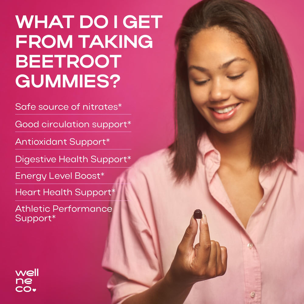 Wellneco Beet Root Gummies Tart Cherry, chewy texture for energy and circulation.