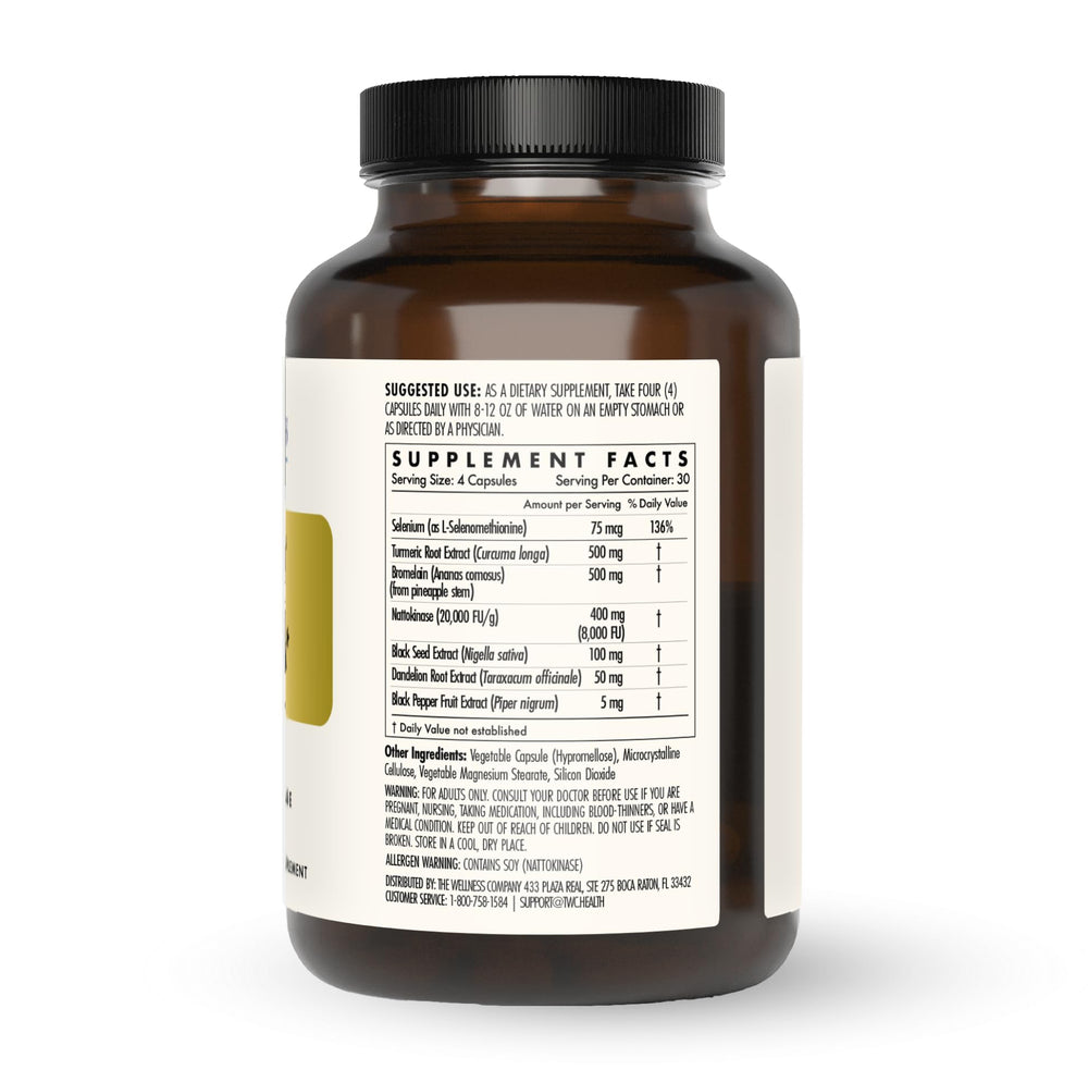 The Wellness Company Spike Detox label highlights nattokinase, turmeric, and bromelain.