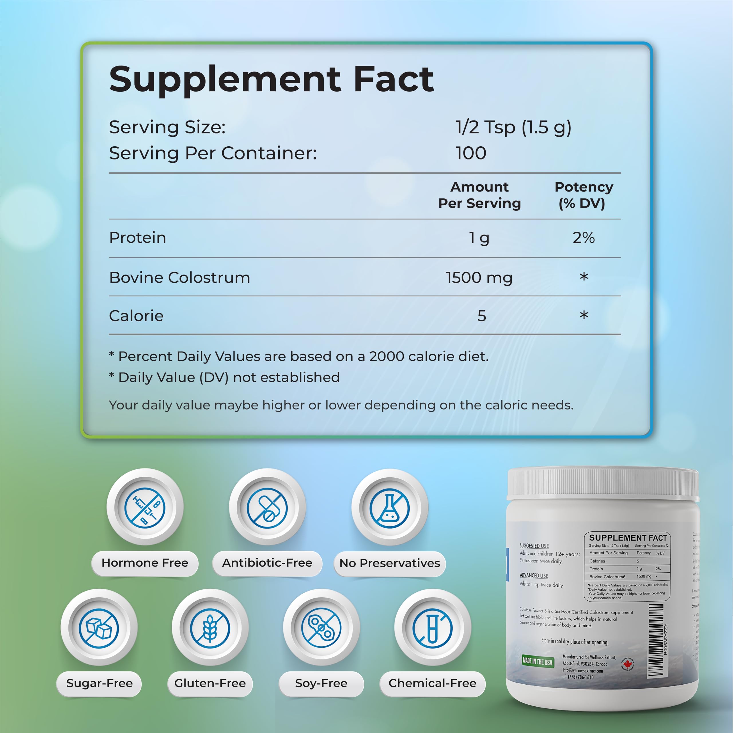 WELLNESS EXTRACT Bovine Colostrum Powder daily-use concept with scoop and glass.