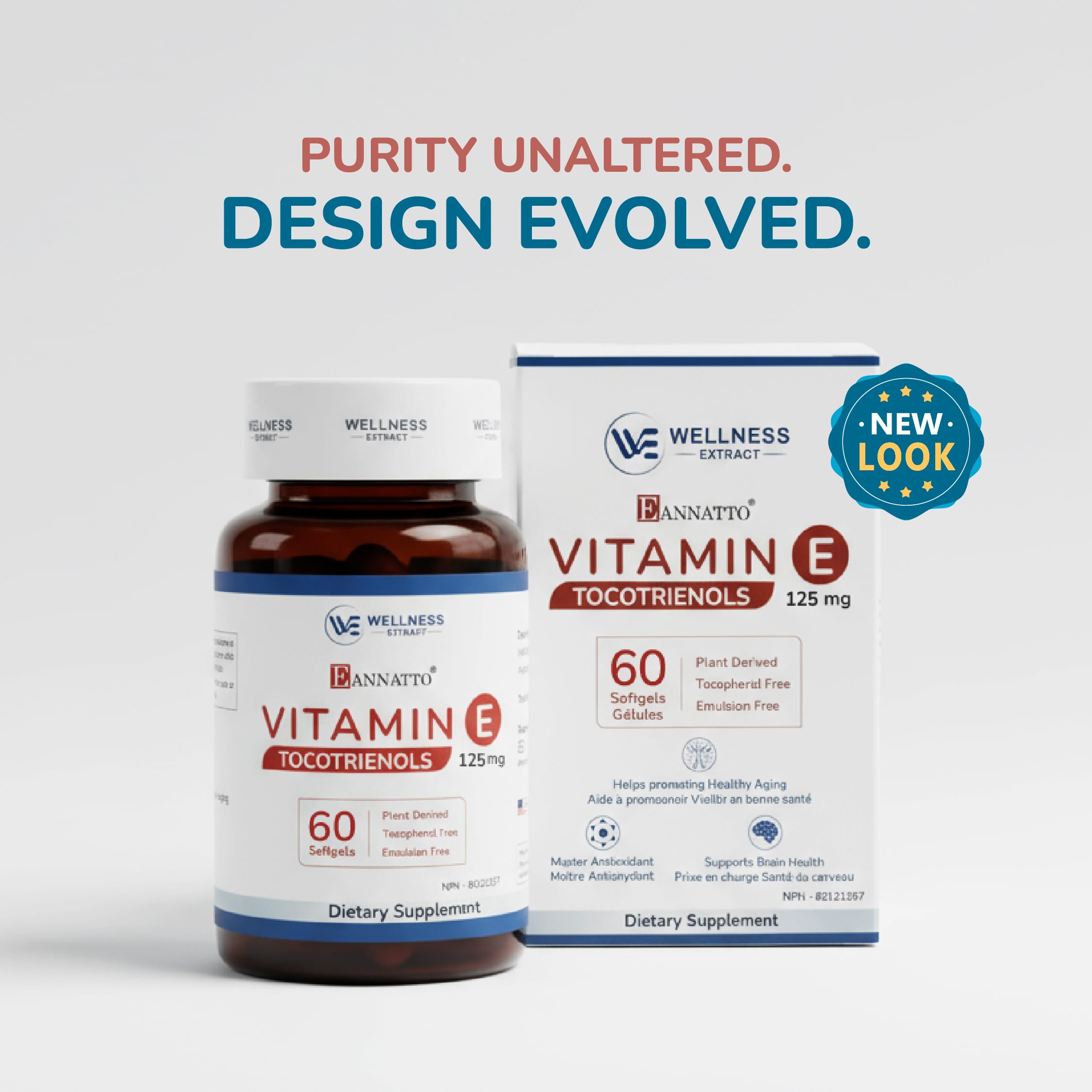 WELLNESS EXTRACT Eannatto Tocotrienols packaging transition with bottles or blisters.