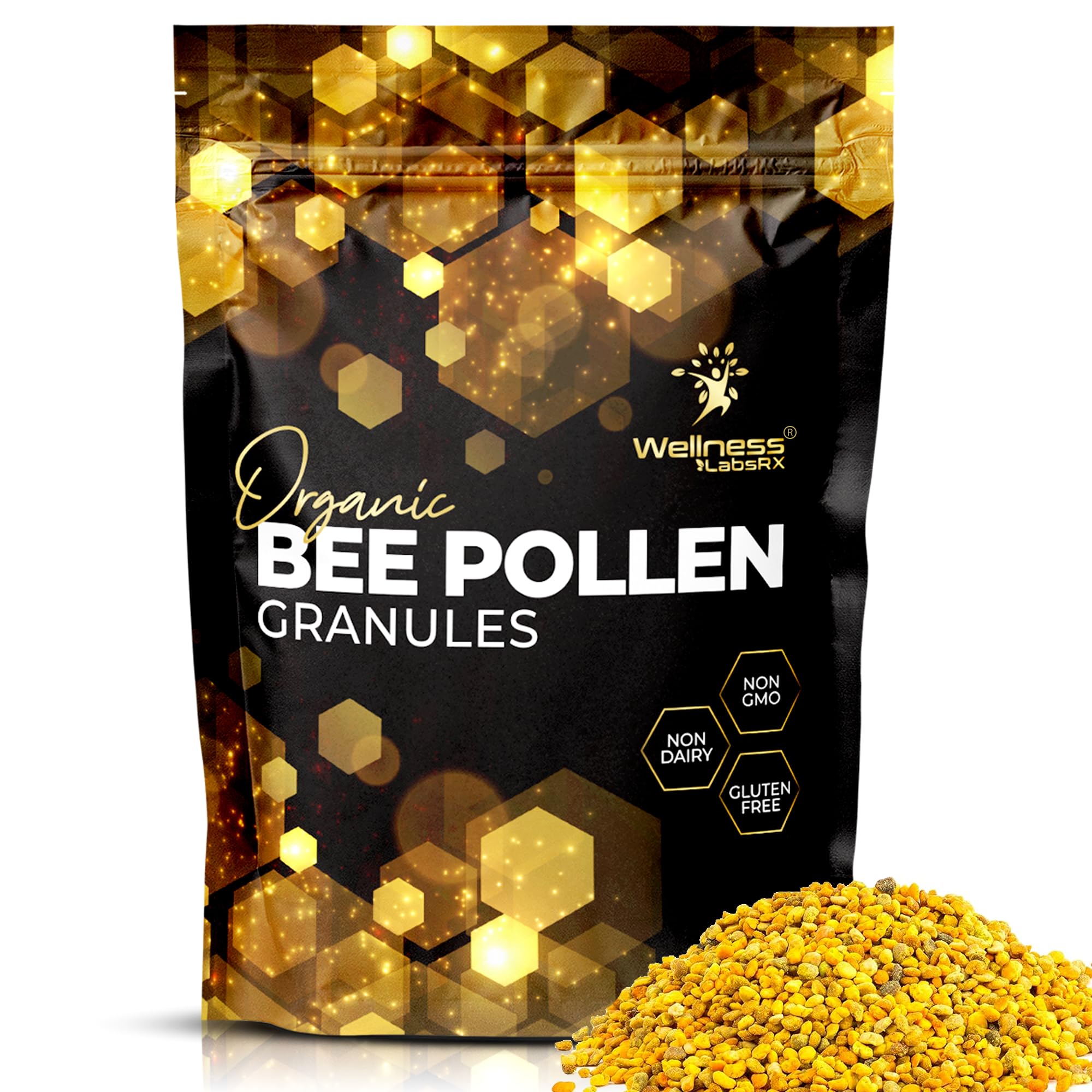 WellnessLabsRx Bee Pollen Granules bottle on kitchen shelf showing product in use and potential energy support