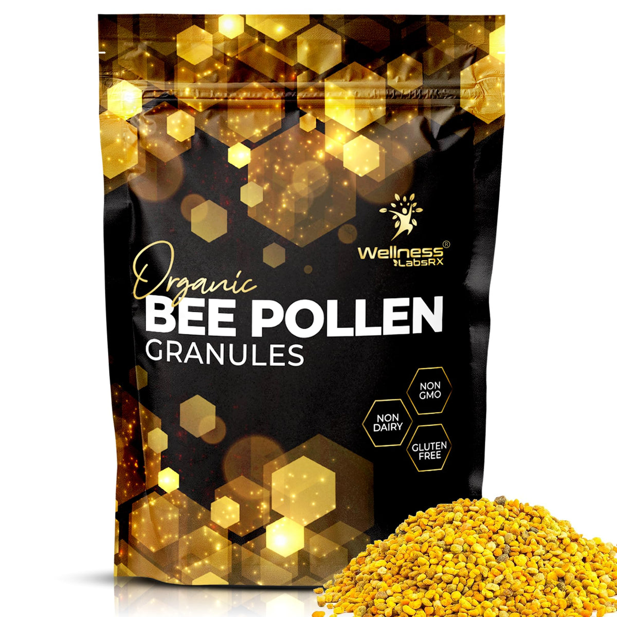 WellnessLabsRx Bee Pollen Granules bottle on kitchen shelf showing product in use and potential energy support