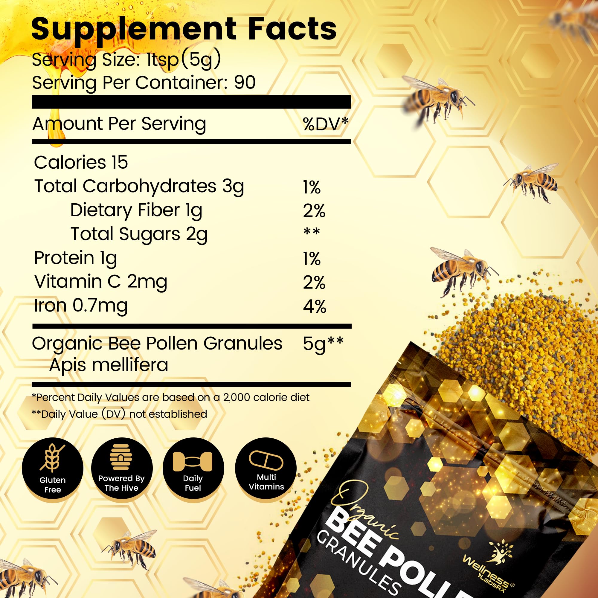 Close-up of WellnessLabsRx bee pollen granules showing natural texture ideal for smoothies