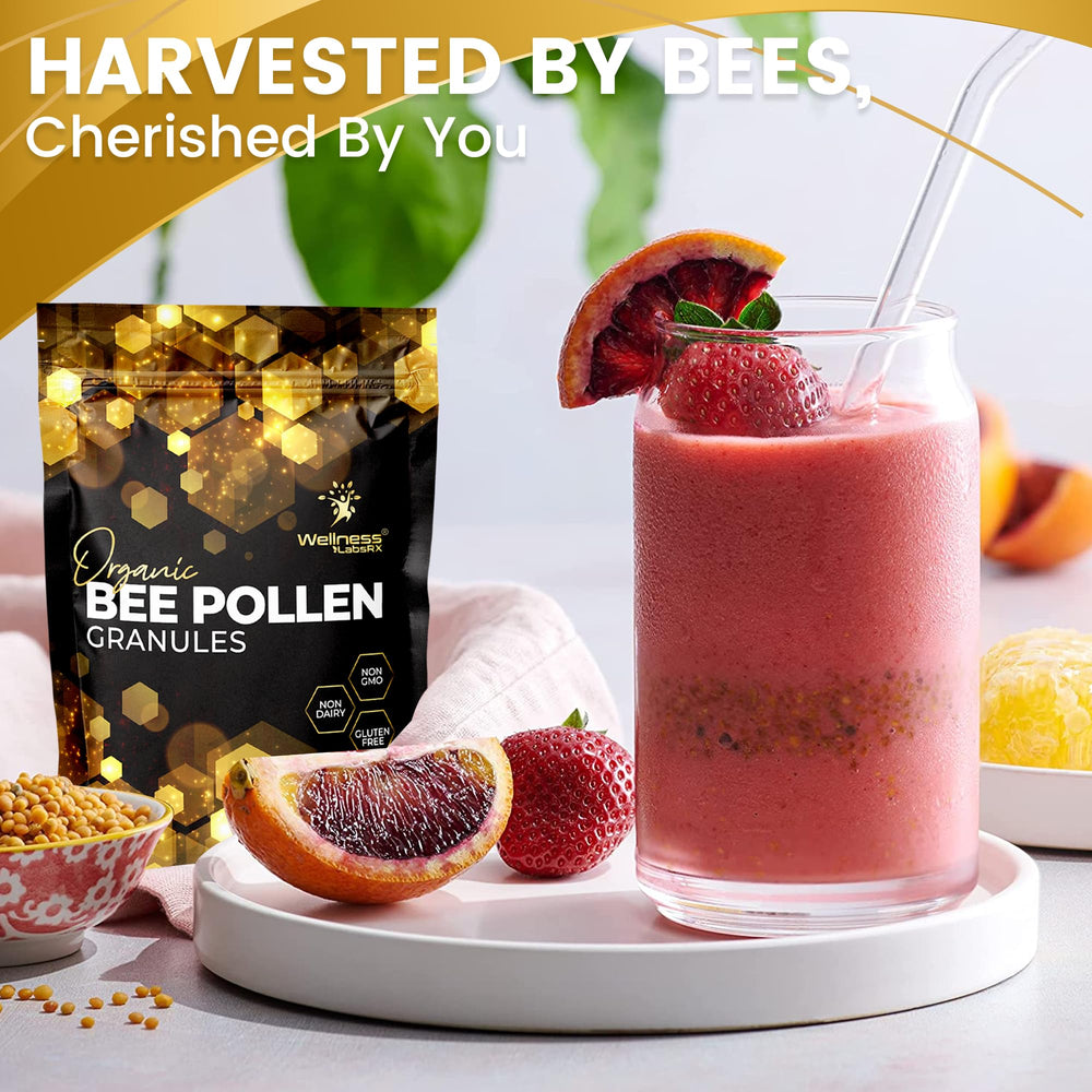 A jar of WellnessLabsRx bee pollen granules stored in a cool, dry place