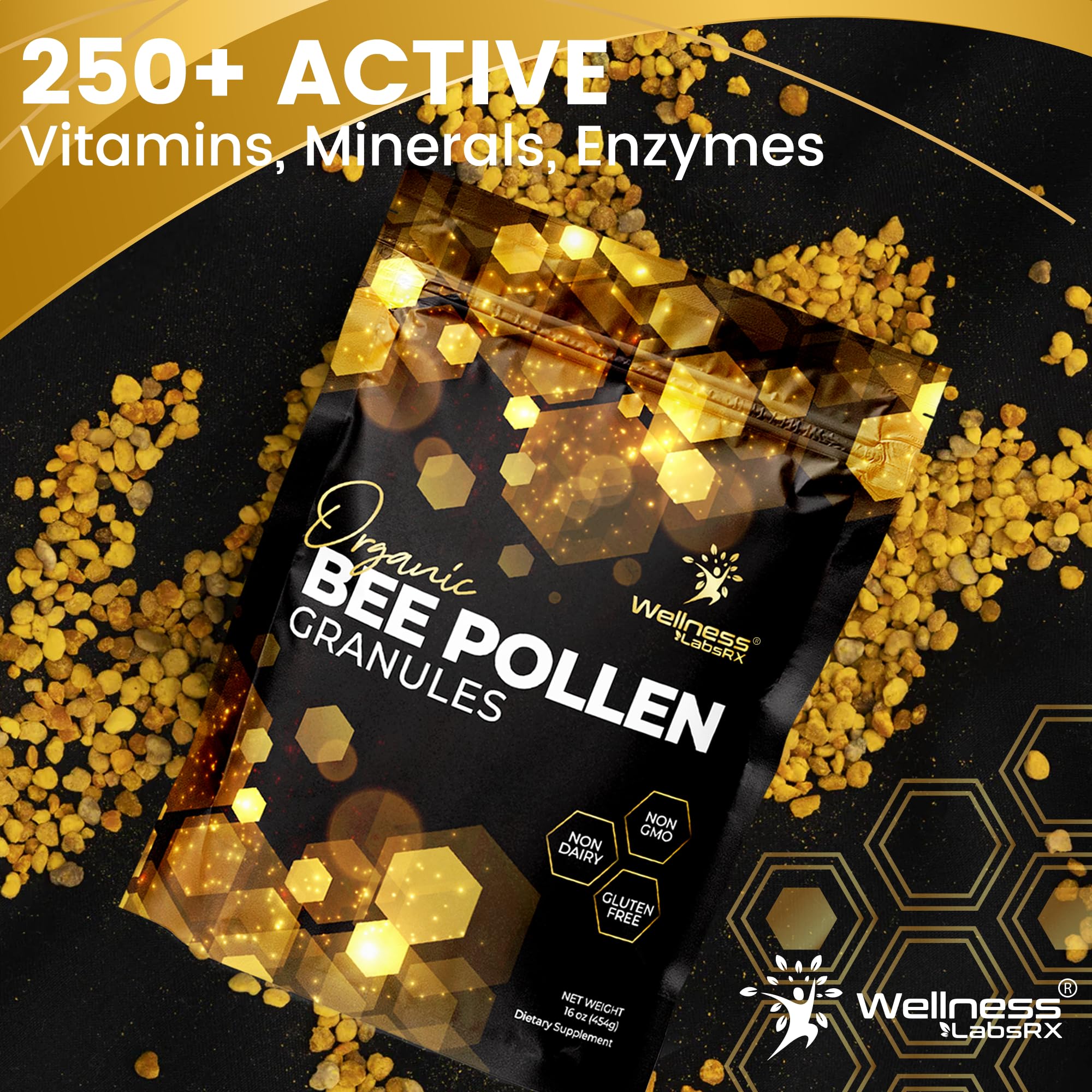 WellnessLabsRx Bee Pollen Granules on a kitchen counter highlighting keto-friendly nutrition
