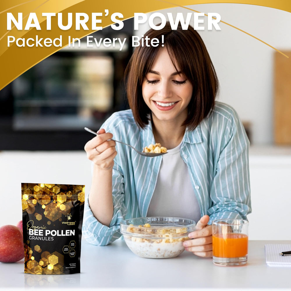 WellnessLabsRx Bee Pollen Granules packaging emphasizing organic and gluten-free quality