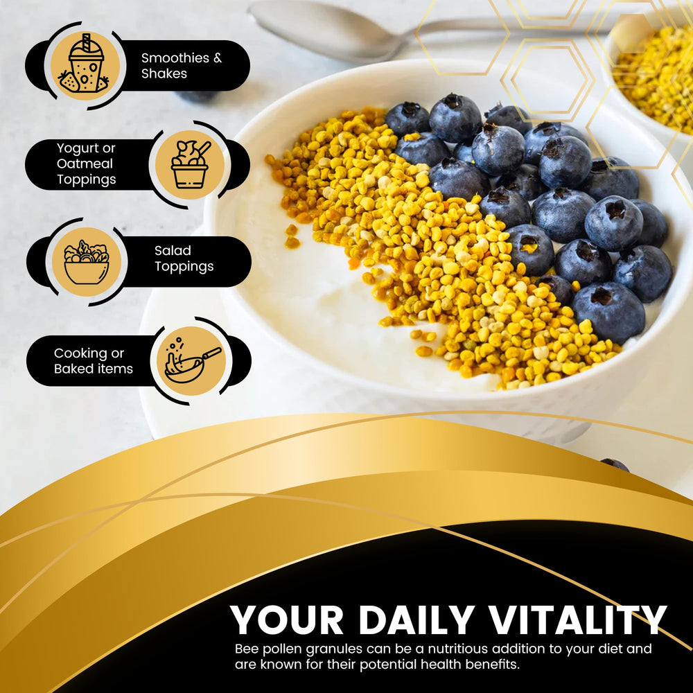 WellnessLabsRx Bee Pollen Granules pouring into a cup for easy mixing