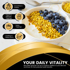 Scoop and sprinkle WellnessLabsRx bee pollen granules for easy daily dosing