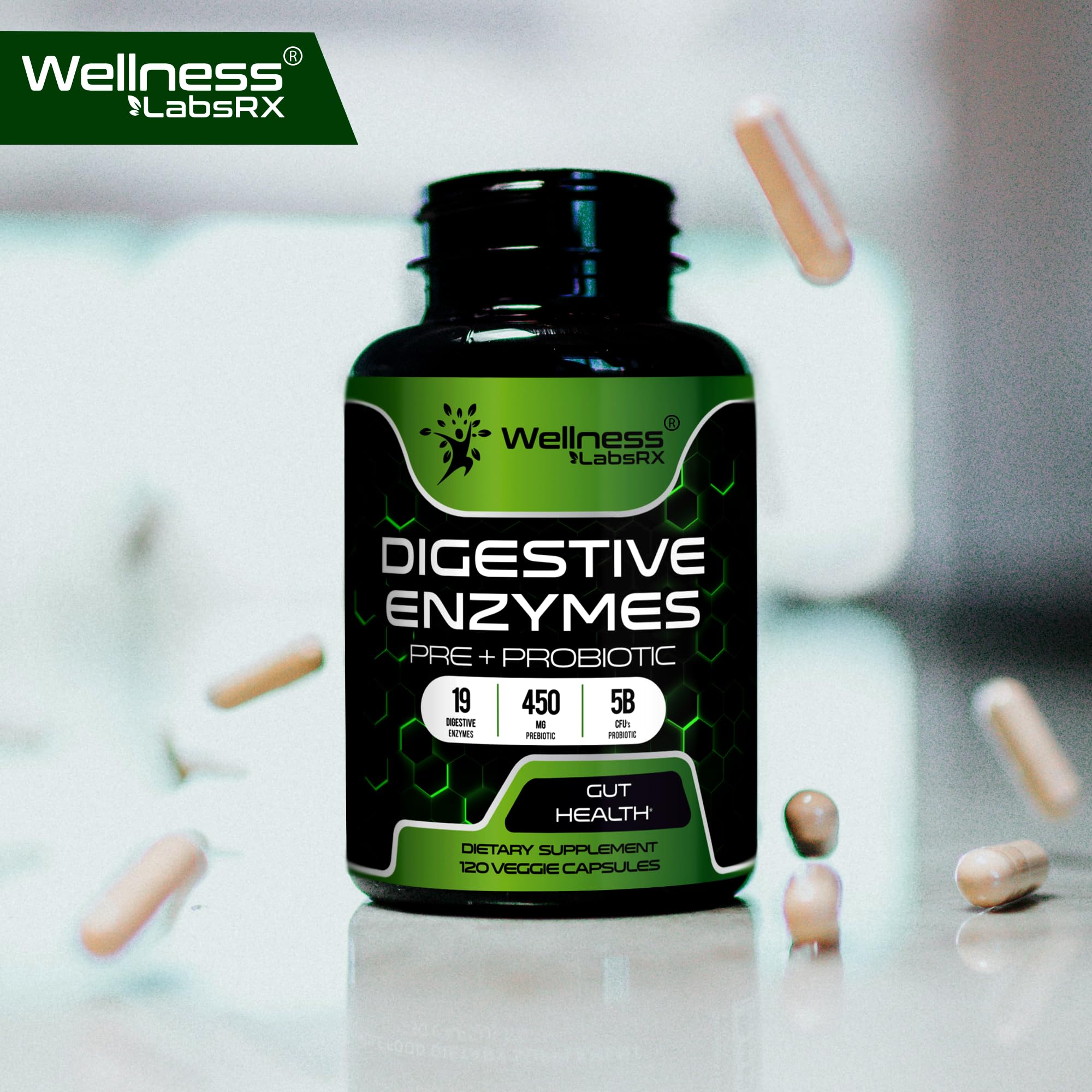 WELLNESS LABSRX bottle on countertop suggesting everyday digestive care.