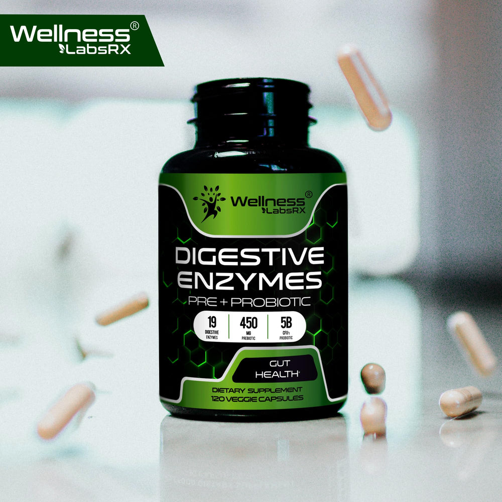 WELLNESS LABSRX bottle on countertop suggesting everyday digestive care.