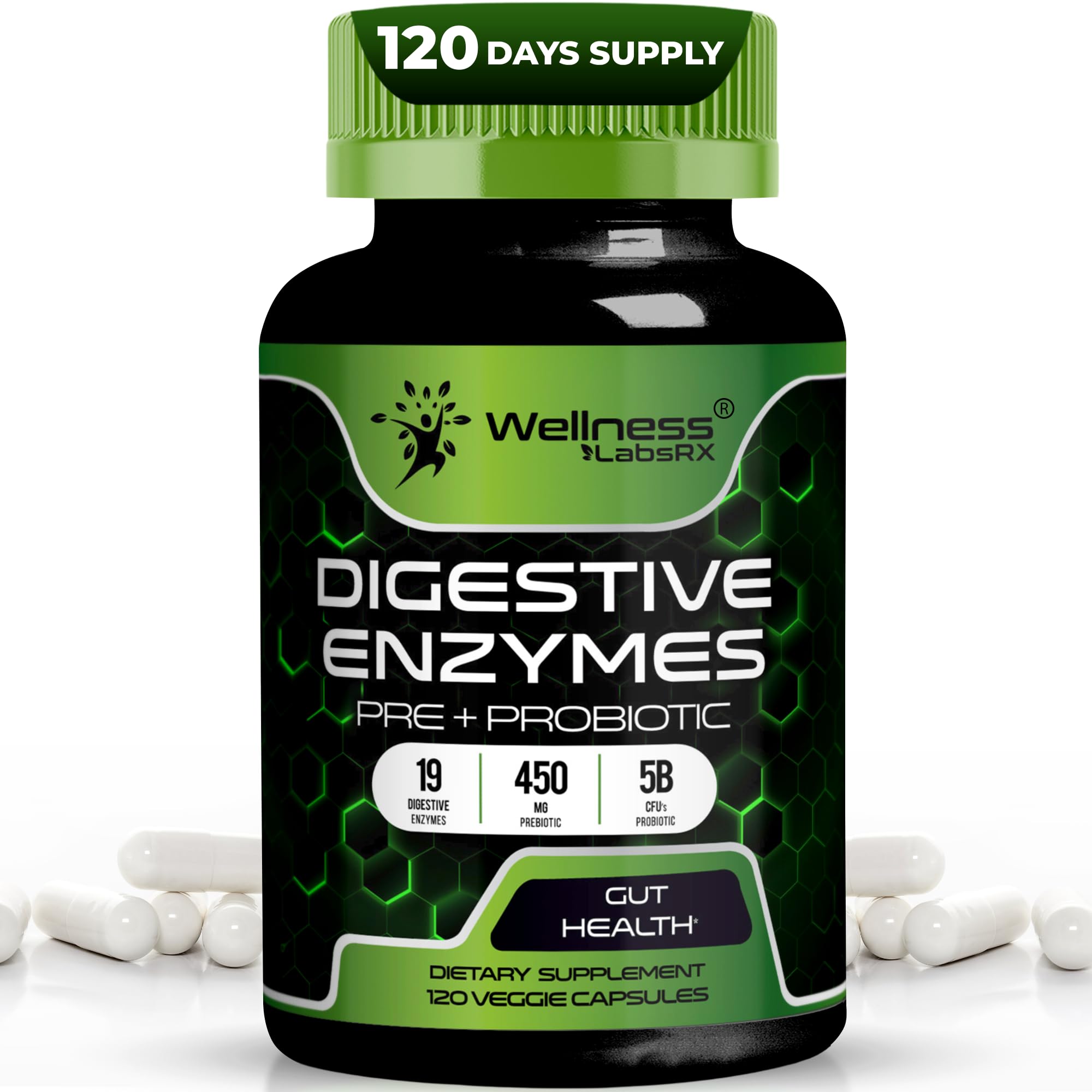 WELLNESS LABSRX digestive enzymes bottle offering broad support for meals and gentle digestion.