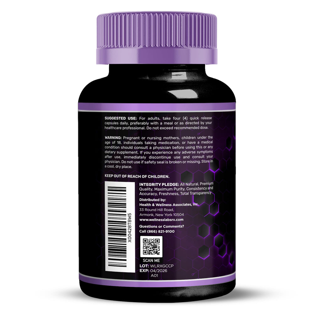 WELLNESS LABSRX label detail on bottle with ingredients and dosage.