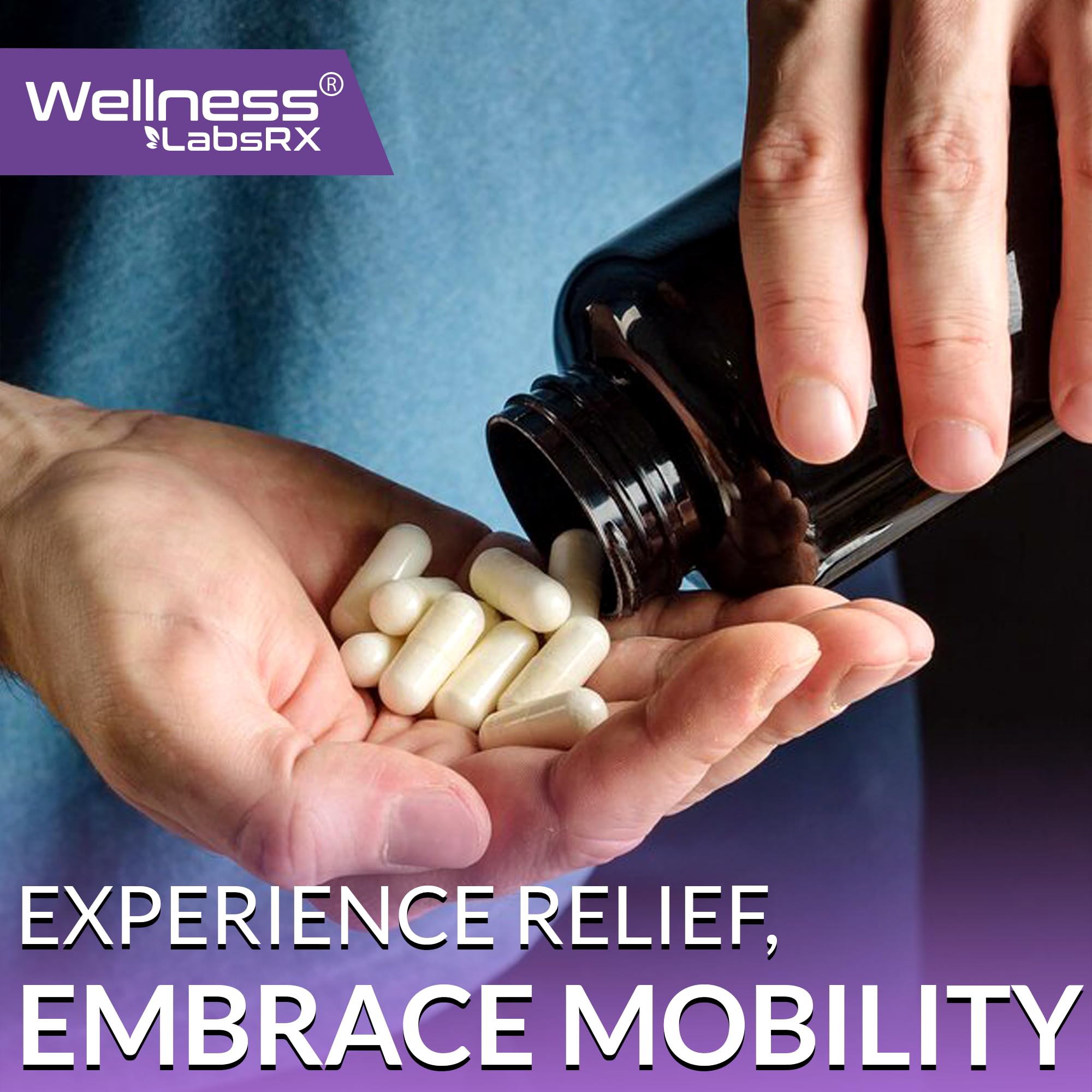 WELLNESS LABSRX pouring capsules from bottle for convenient intake.