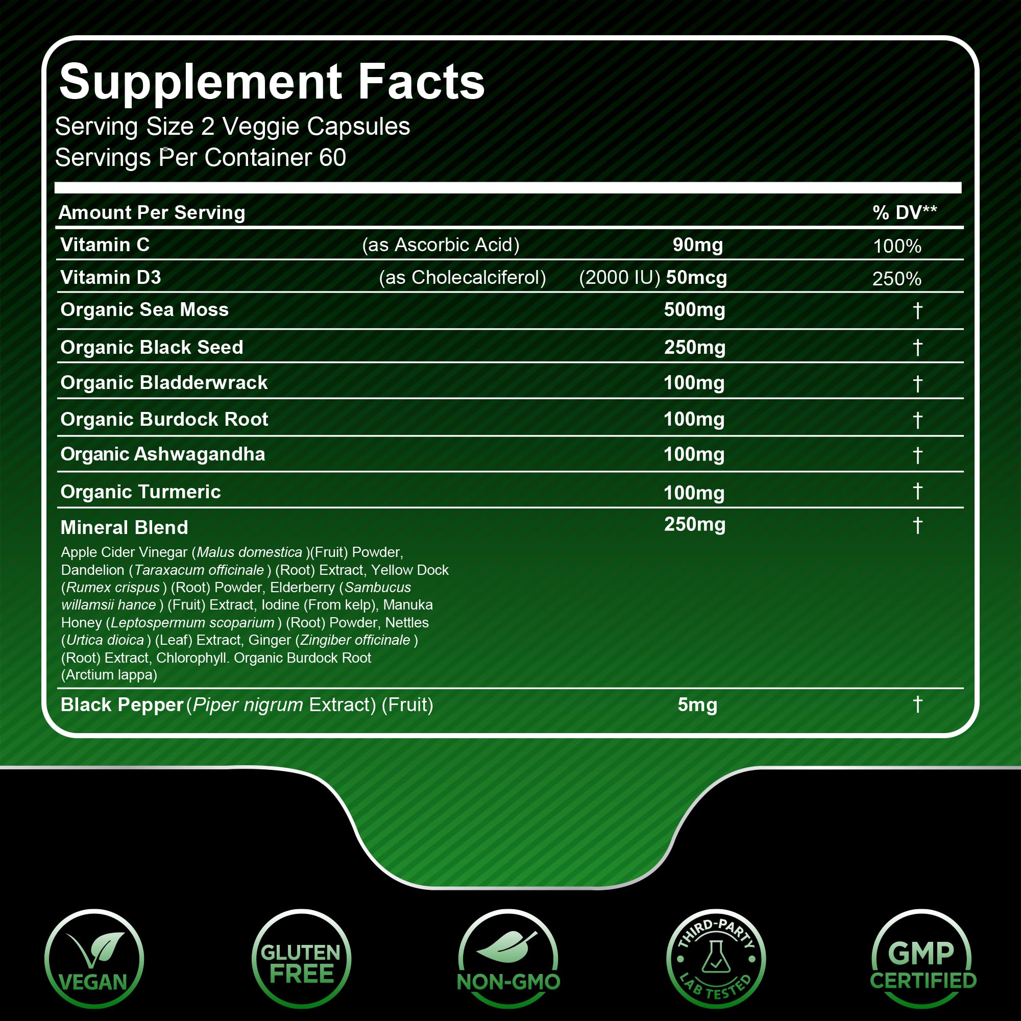 Closeup of Wellness LabsRx Irish Sea Moss Capsules bottle highlights the 17-in-1 blend.