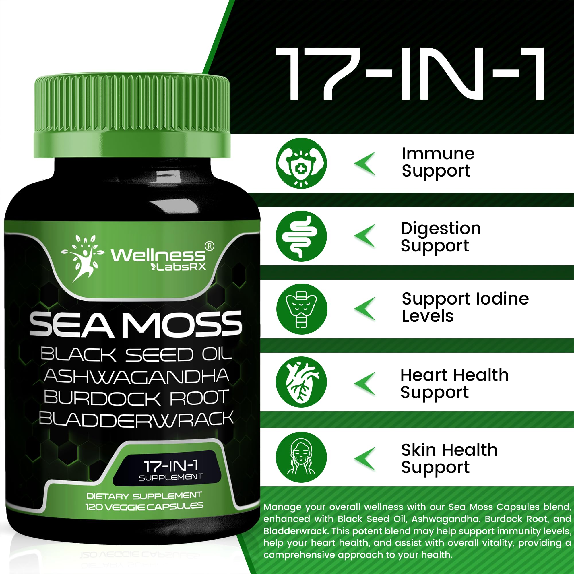 Wellness LabsRx Irish Sea Moss Capsules ingredients blend highlights ashwagandha and bladderwrack.