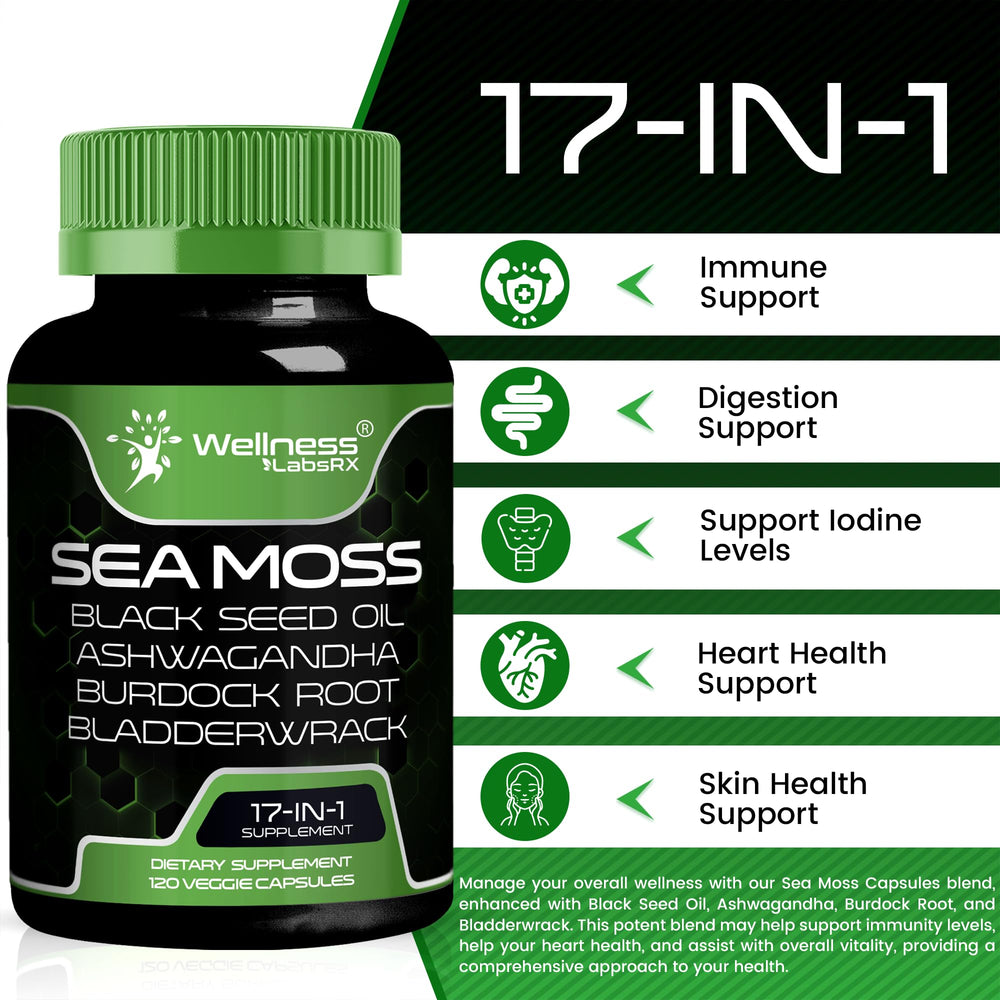 Wellness LabsRx Irish Sea Moss Capsules ingredients blend highlights ashwagandha and bladderwrack.