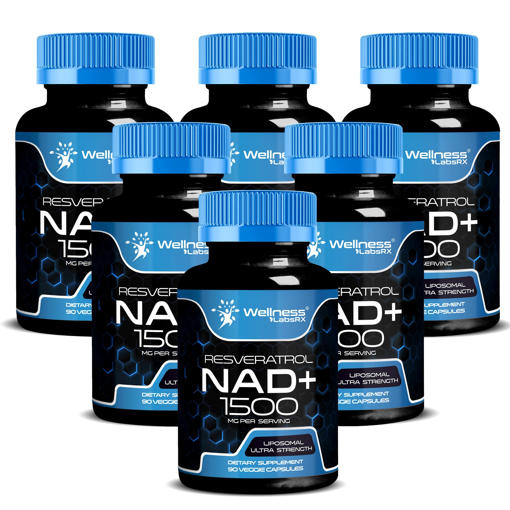 WELLNESS LABSRX Liposomal NAD bottle label highlights a 1500mg dosage for cellular support.
