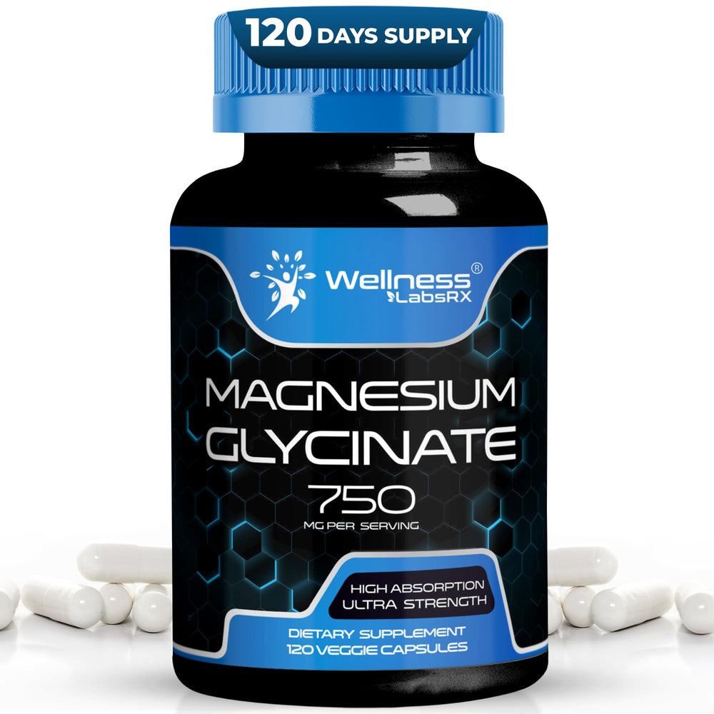 Wellness LabsRx magnesium glycinate bottle highlighting high-absorption capsules for calm support.