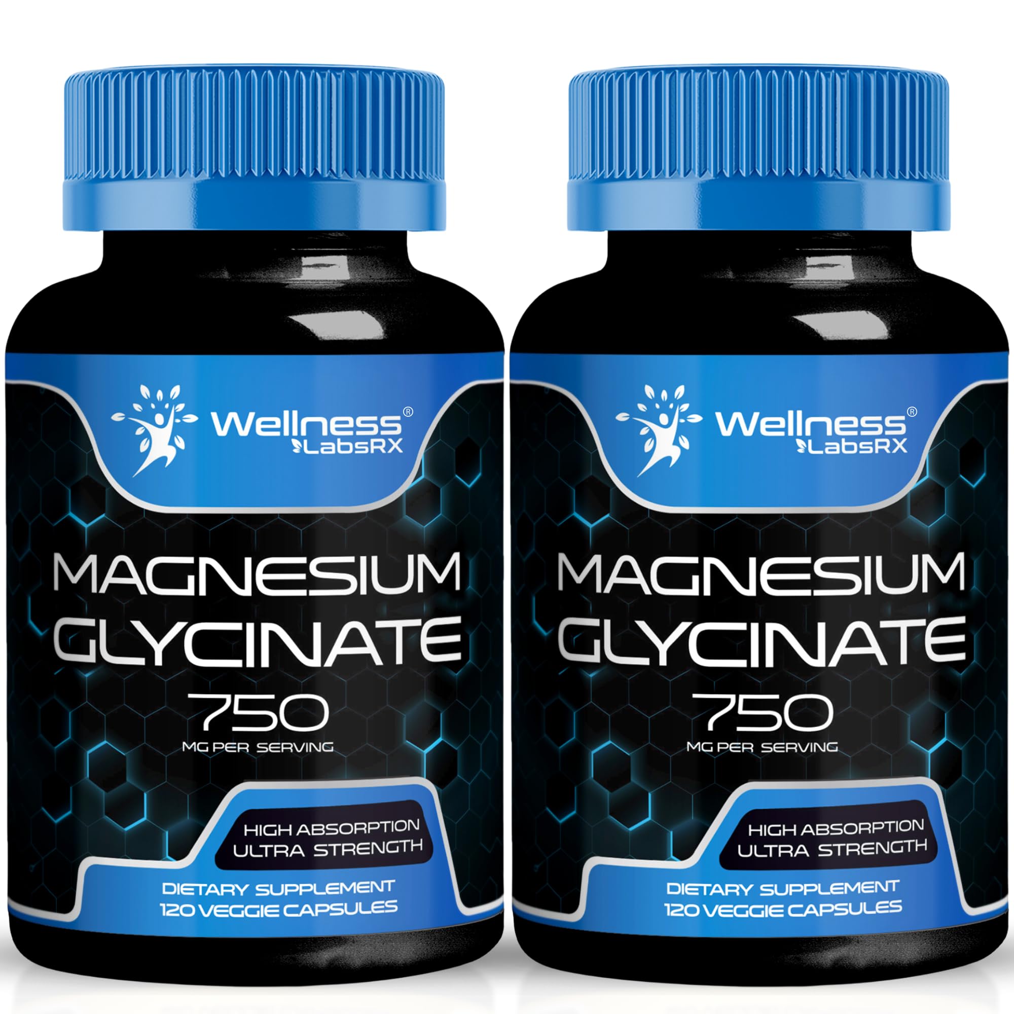 WELLNESS LABSRX magnesium glycinate 750mg bottle supports daily wellness and absorption.