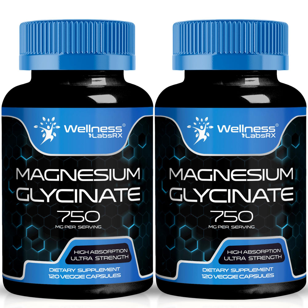 WELLNESS LABSRX magnesium glycinate 750mg bottle supports daily wellness and absorption.