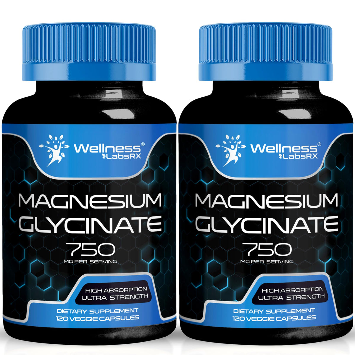 WELLNESS LABSRX magnesium glycinate 750mg bottle supports daily wellness and absorption.