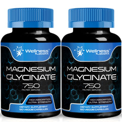 WELLNESS LABSRX magnesium glycinate 750mg bottle supports daily wellness and absorption.