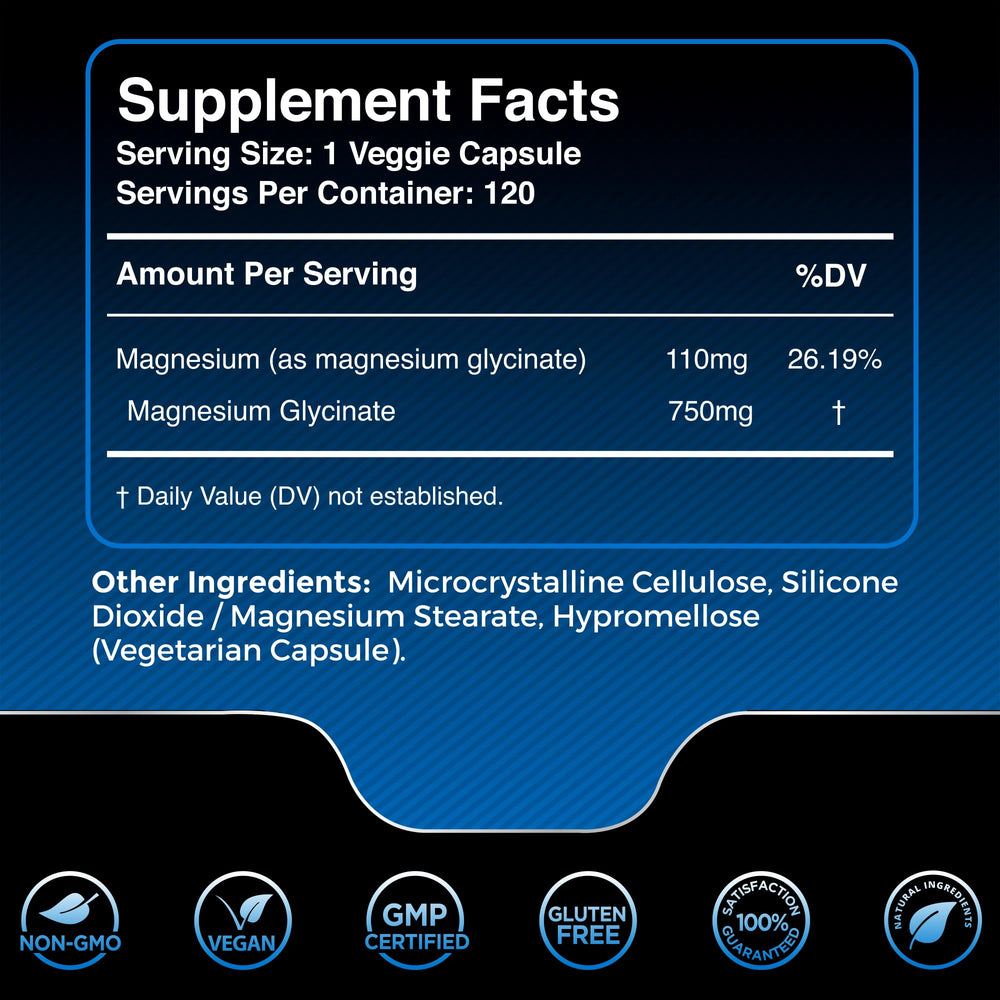 WELLNESS LABSRX magnesium glycinate capsules label closeup highlights the clean, high-absorption formula.