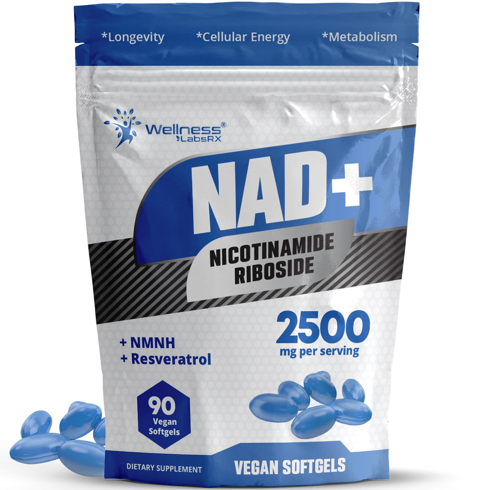 Wellness LabsRx NAD+ softgel bottle with 90-count pouch for cellular support