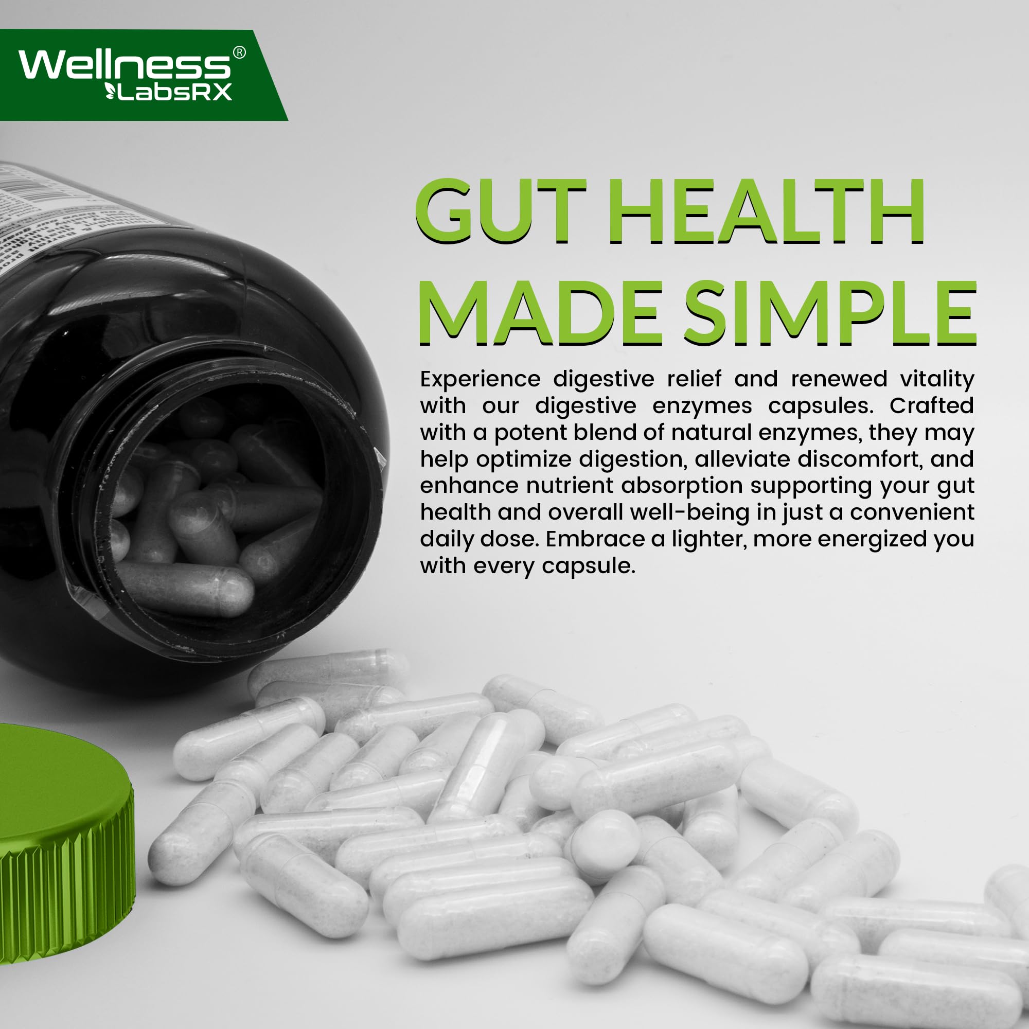 WELLNESS LABSRX synbiotic label emphasizing prebiotics fueling probiotic activity.