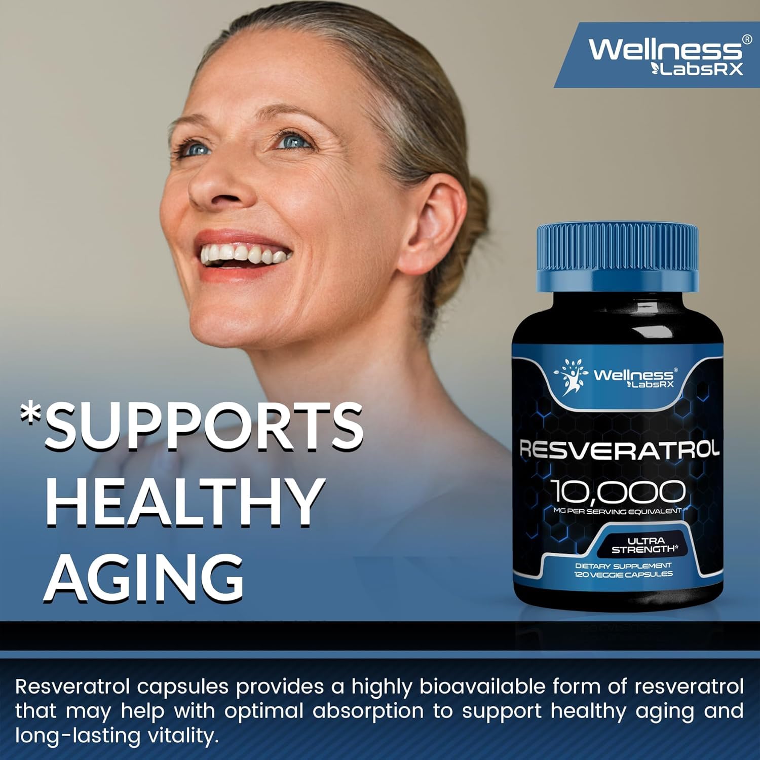 WELLNESS LABSRX Resveratrol bottle on desk as part of a routine setup